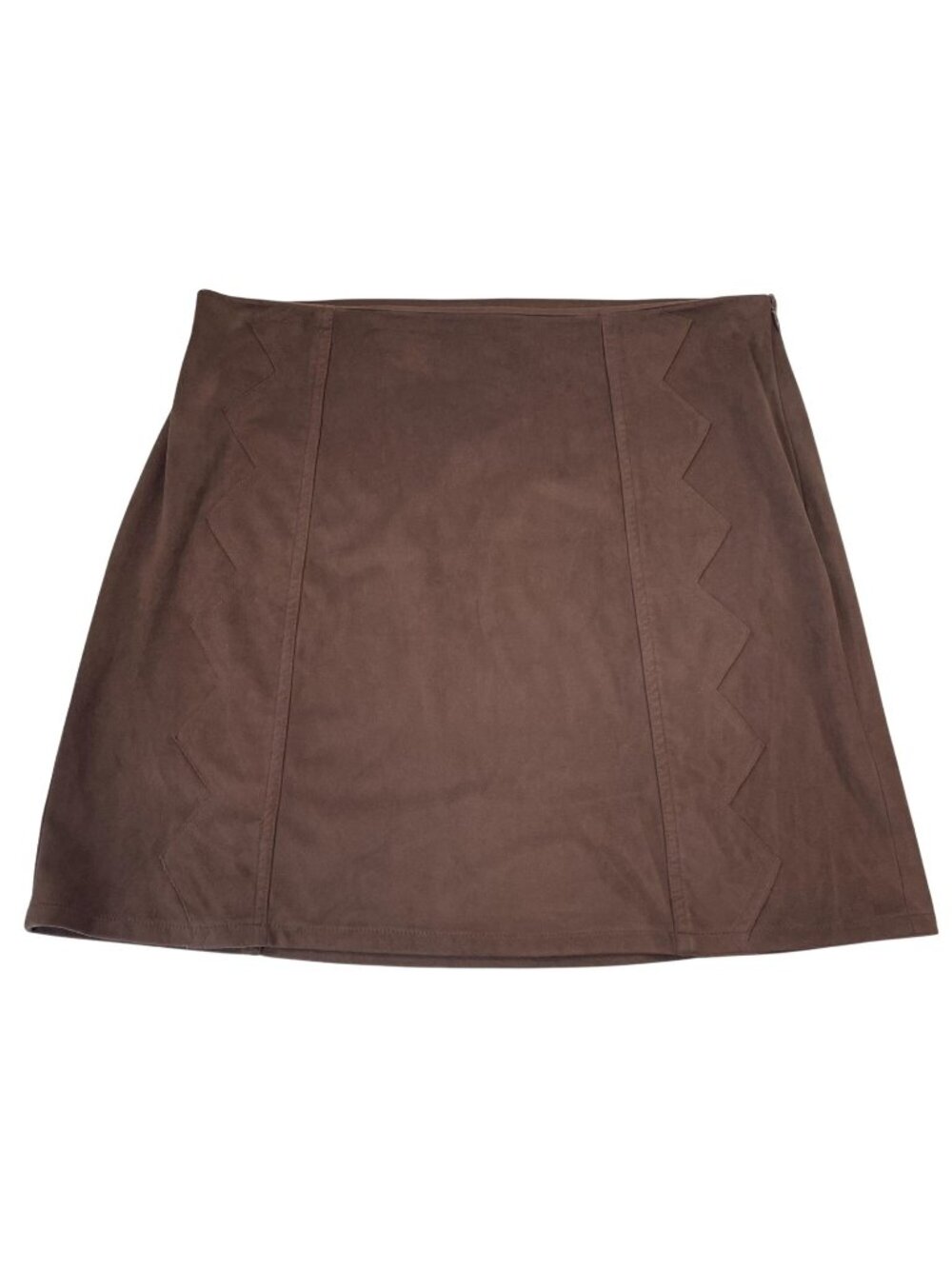 BCNU Faux Suede A-line Mini Skirt L Dark Brown Zigzag Seam Festival Fall Indie
